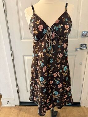 VTG Adonna chocolate Brown Floral satin slip Dress tie front back size large Y2K